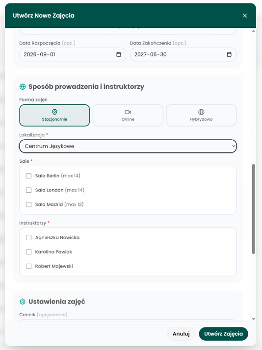 Formularz nowych zajęć z wyborem lokalizacji i sal przypisanych do tej lokalizacji