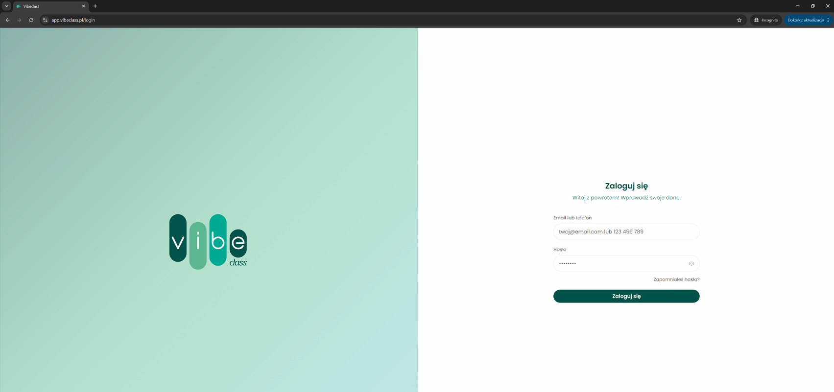 Ekran logowania app.vibeclass.pl