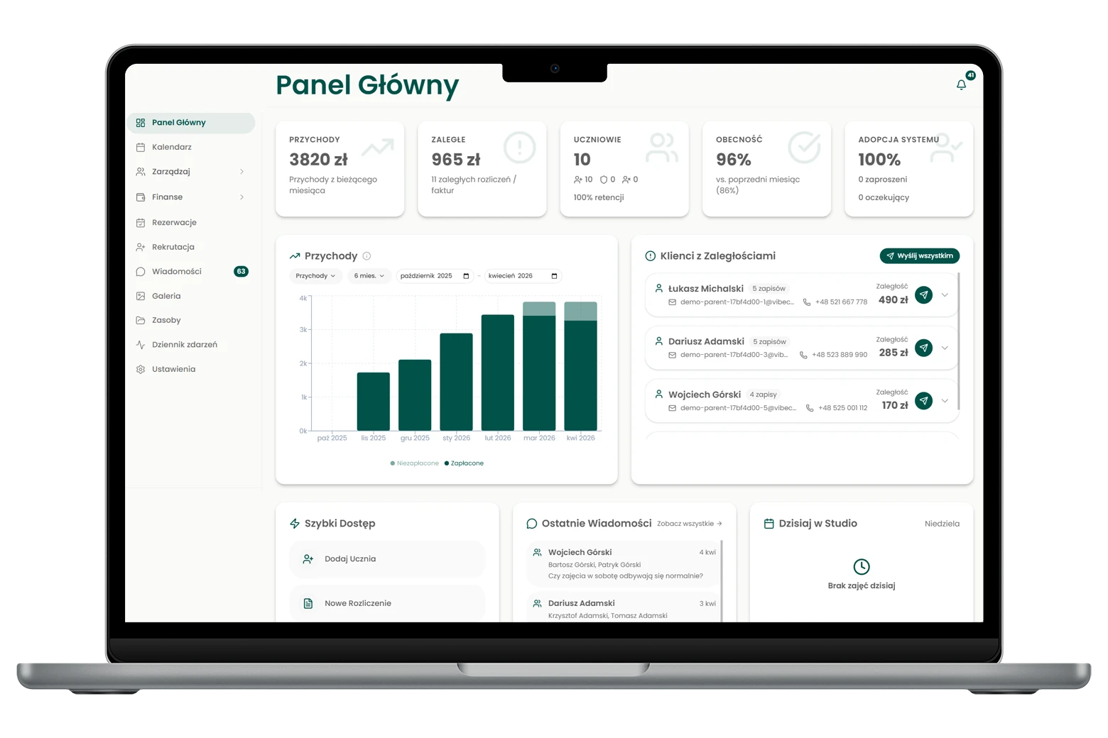 Kokpit Vibeclass — widok desktopowy